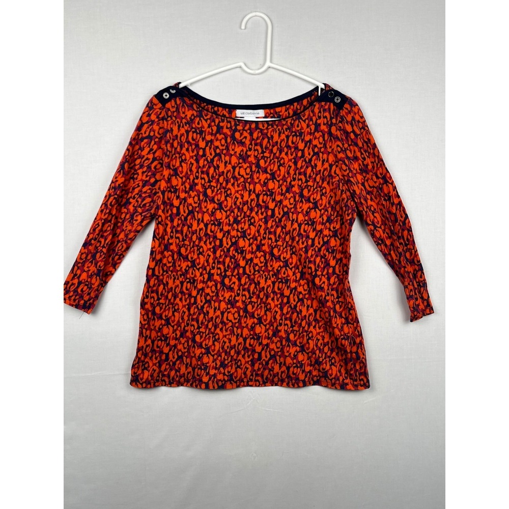Liz Claiborne Women L Orange Navy Abstract Print Boat Neck 3/4 Sleeve Button Top